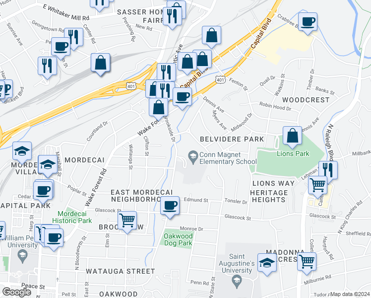 map of restaurants, bars, coffee shops, grocery stores, and more near 1414 Brookside Drive in Raleigh
