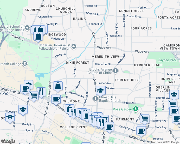 map of restaurants, bars, coffee shops, grocery stores, and more near in Raleigh
