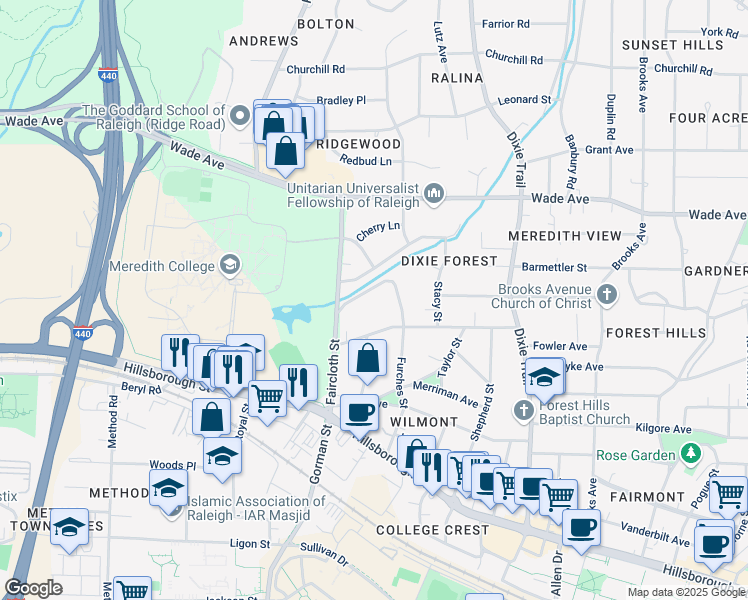 map of restaurants, bars, coffee shops, grocery stores, and more near 403 Furches Street in Raleigh