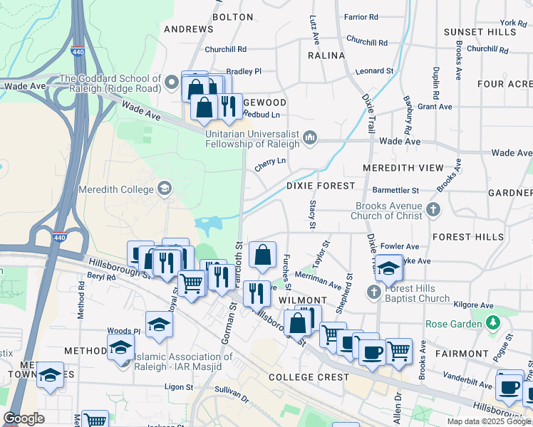 map of restaurants, bars, coffee shops, grocery stores, and more near 403 Furches Street in Raleigh