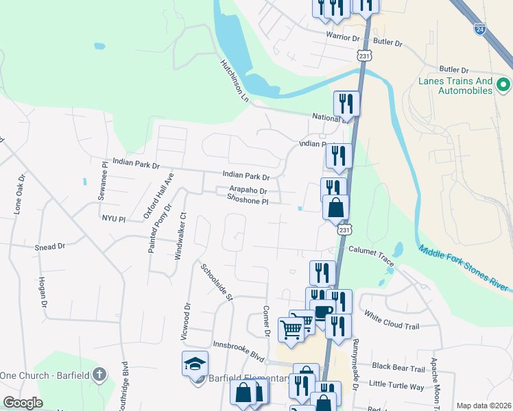 map of restaurants, bars, coffee shops, grocery stores, and more near 341 Shoshone Place in Murfreesboro