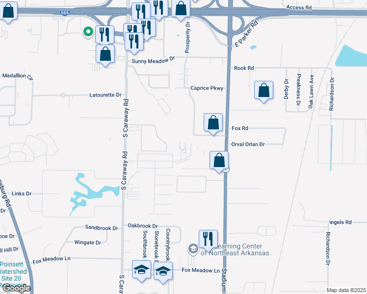 map of restaurants, bars, coffee shops, grocery stores, and more near 2621 Glenn Cove in Jonesboro