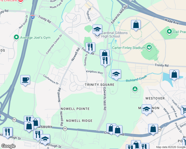 map of restaurants, bars, coffee shops, grocery stores, and more near 1351 Sunday Drive in Raleigh