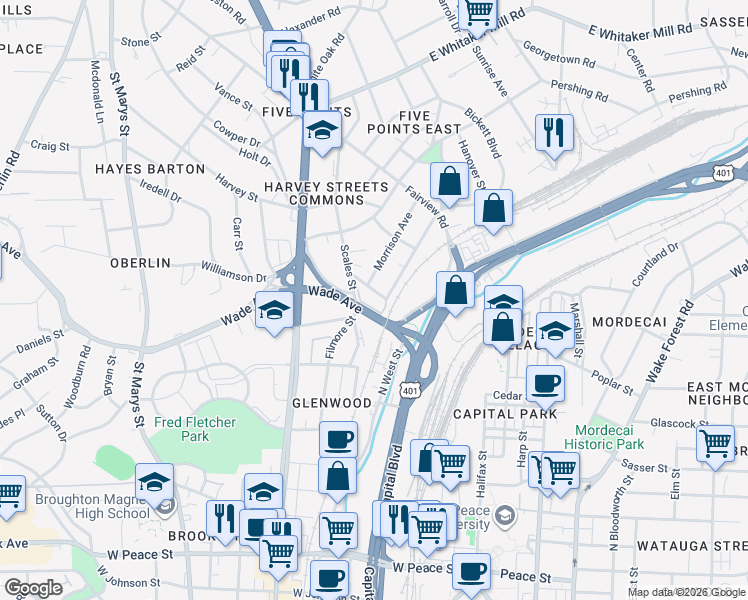 map of restaurants, bars, coffee shops, grocery stores, and more near 1440 Barton Place Drive in Raleigh