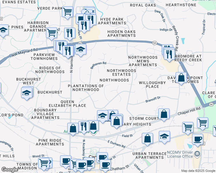 map of restaurants, bars, coffee shops, grocery stores, and more near 126 Beasley Court in Cary