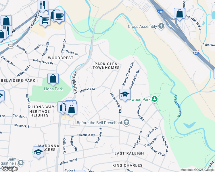 map of restaurants, bars, coffee shops, grocery stores, and more near 2311 Euston Street in Raleigh