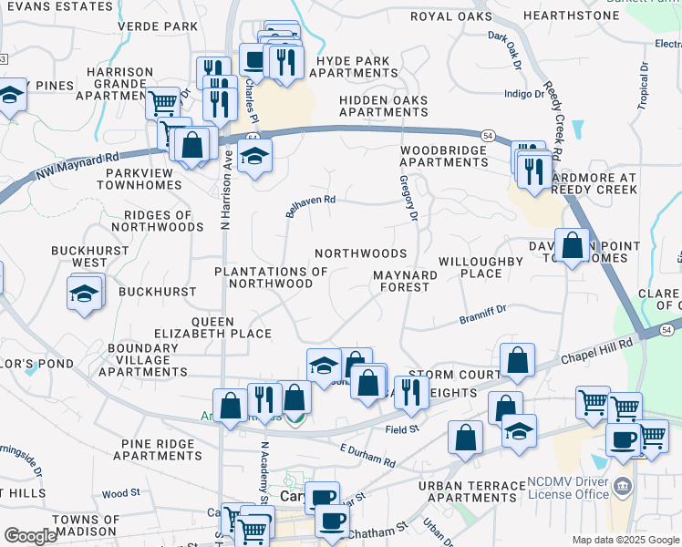 map of restaurants, bars, coffee shops, grocery stores, and more near 126 Beasley Court in Cary