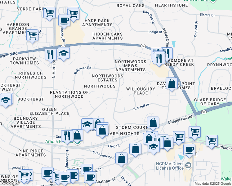 map of restaurants, bars, coffee shops, grocery stores, and more near 101 Tarlow Court in Cary