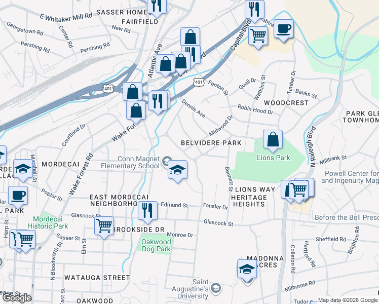 map of restaurants, bars, coffee shops, grocery stores, and more near 1702 Midwood Drive in Raleigh