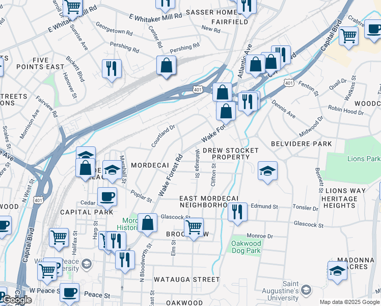 map of restaurants, bars, coffee shops, grocery stores, and more near 1406 Wake Forest Road in Raleigh