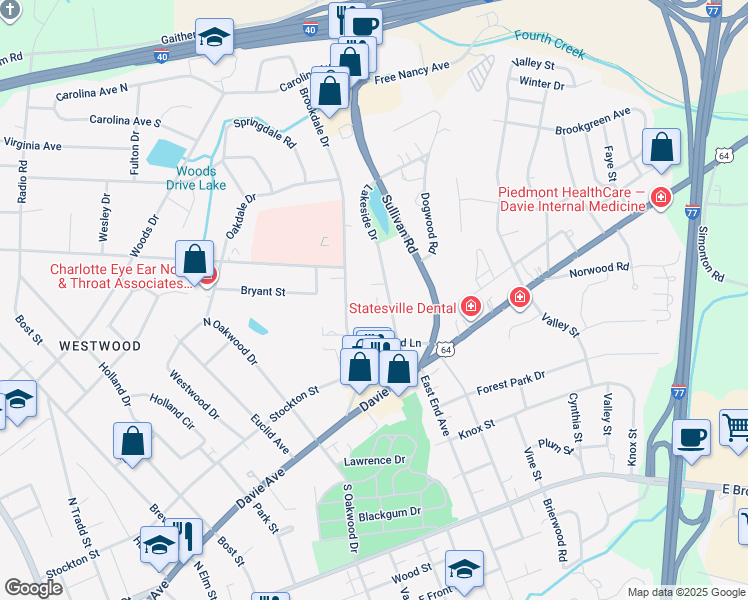 map of restaurants, bars, coffee shops, grocery stores, and more near 929 Restmore Lane in Statesville