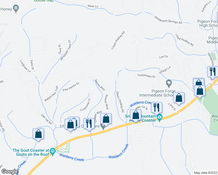 map of restaurants, bars, coffee shops, grocery stores, and more near 3308 Gurrhawk Way in Pigeon Forge