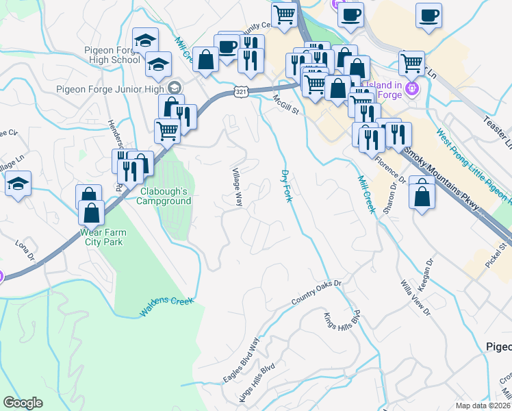 map of restaurants, bars, coffee shops, grocery stores, and more near 2801 Forrest Way in Pigeon Forge