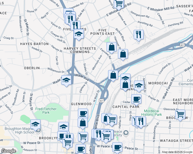 map of restaurants, bars, coffee shops, grocery stores, and more near 423 Bickett Boulevard in Raleigh