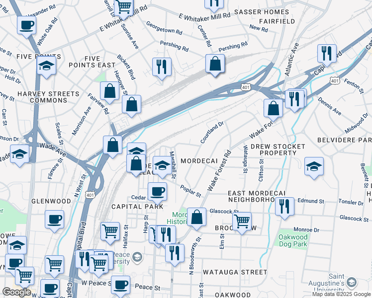 map of restaurants, bars, coffee shops, grocery stores, and more near 308 Mulberry Street in Raleigh