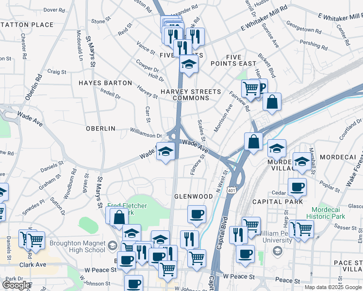 map of restaurants, bars, coffee shops, grocery stores, and more near 1418 Glenwood Avenue in Raleigh