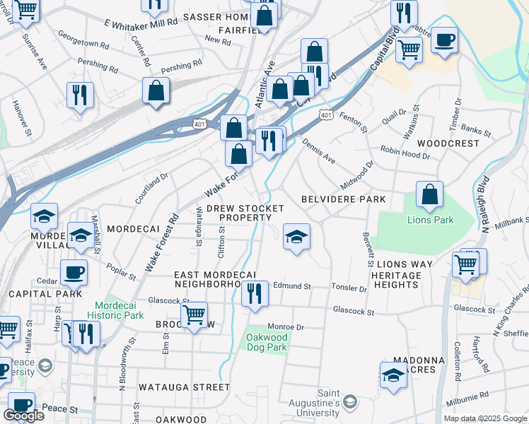 map of restaurants, bars, coffee shops, grocery stores, and more near 1410 Brookside Drive in Raleigh