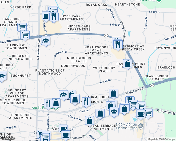 map of restaurants, bars, coffee shops, grocery stores, and more near 100 Bristol Bay Court in Cary