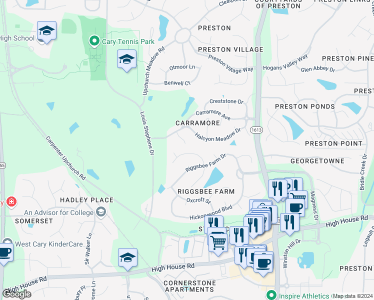 map of restaurants, bars, coffee shops, grocery stores, and more near 114 Sterling Ridge Way in Cary