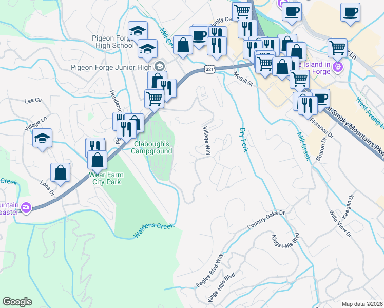 map of restaurants, bars, coffee shops, grocery stores, and more near 425 Stone Ridge Way in Pigeon Forge