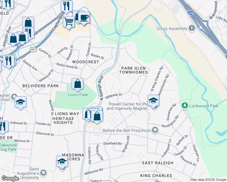 map of restaurants, bars, coffee shops, grocery stores, and more near 1206 Downing Road in Raleigh