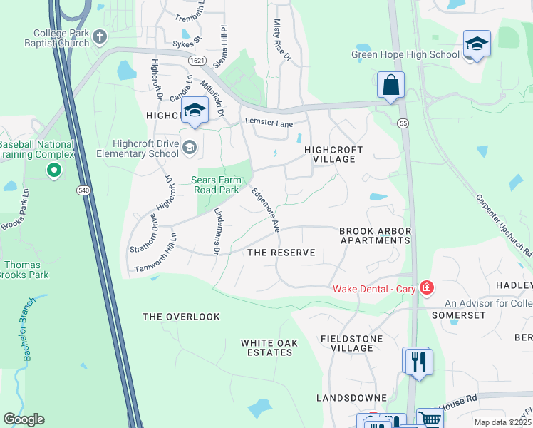 map of restaurants, bars, coffee shops, grocery stores, and more near 101 Ballatore Court in Cary