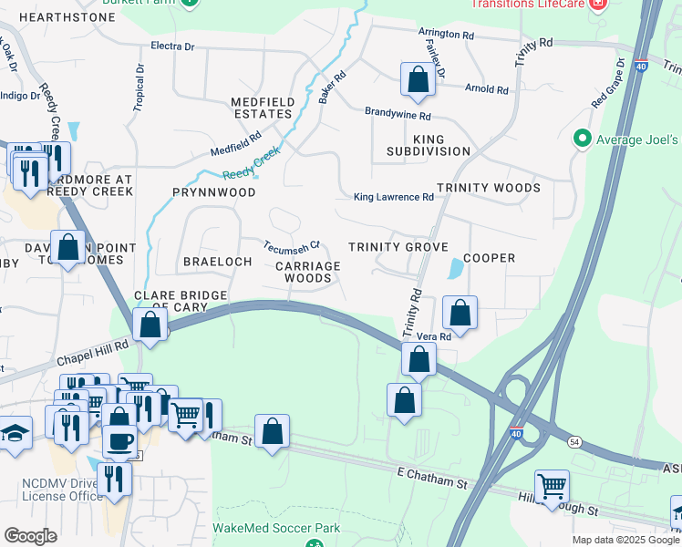 map of restaurants, bars, coffee shops, grocery stores, and more near 227 Tecumseh Court in Raleigh
