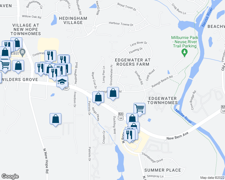 map of restaurants, bars, coffee shops, grocery stores, and more near 2002 Groundwater Place in Raleigh