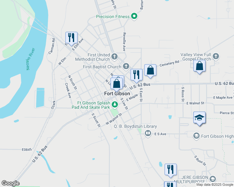 map of restaurants, bars, coffee shops, grocery stores, and more near in Fort Gibson