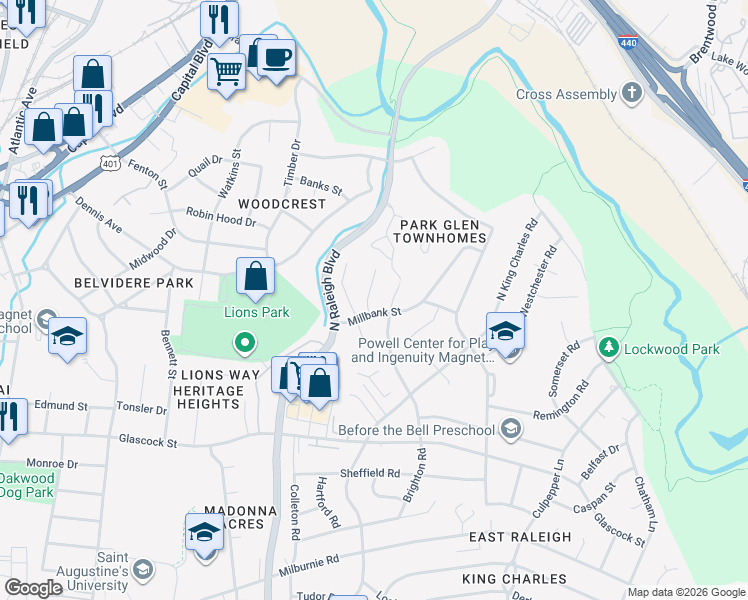map of restaurants, bars, coffee shops, grocery stores, and more near 1206 Downing Road in Raleigh