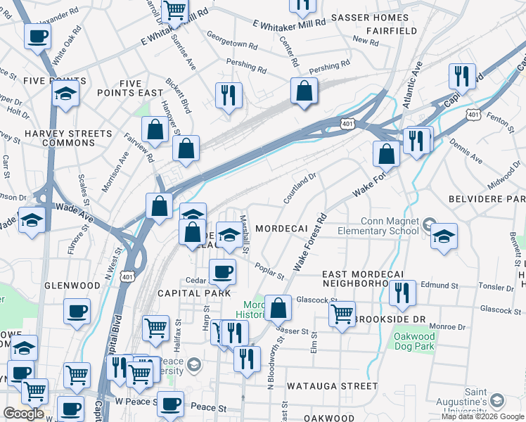 map of restaurants, bars, coffee shops, grocery stores, and more near 310 Mulberry Street in Raleigh