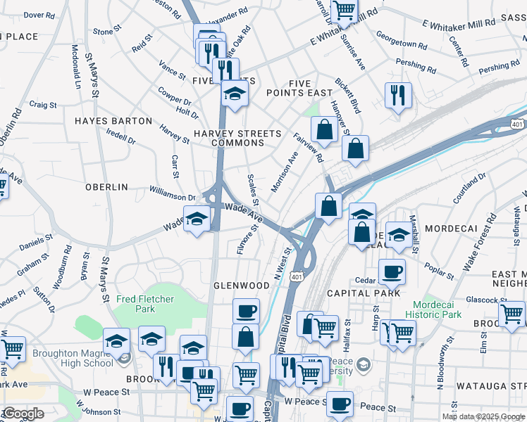 map of restaurants, bars, coffee shops, grocery stores, and more near 1440 Barton Place Drive in Raleigh