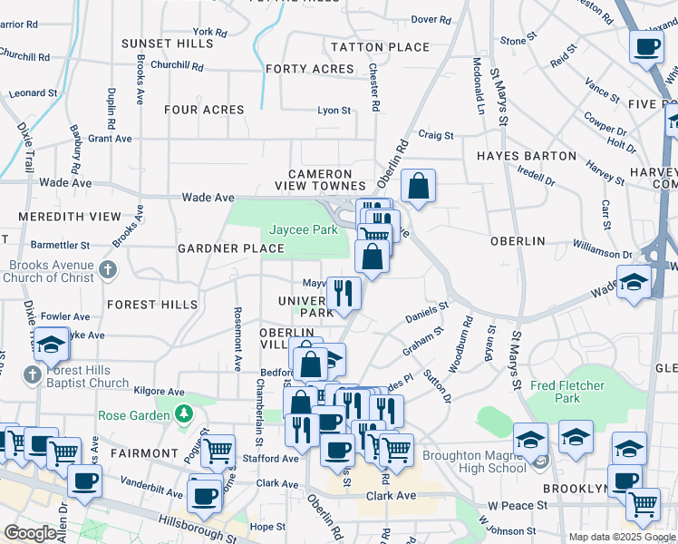 map of restaurants, bars, coffee shops, grocery stores, and more near 2148 Mayview Road in Raleigh