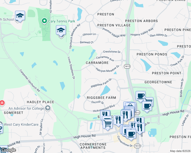 map of restaurants, bars, coffee shops, grocery stores, and more near 106 Sterling Ridge Way in Cary