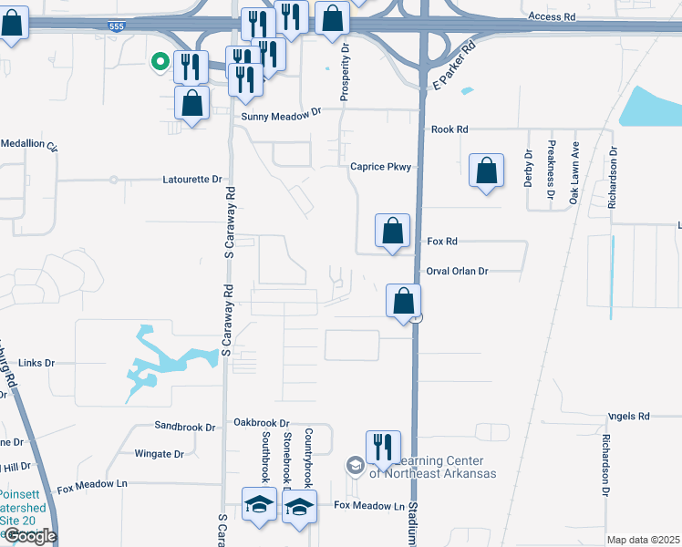 map of restaurants, bars, coffee shops, grocery stores, and more near 2621 Glenn Cove in Jonesboro