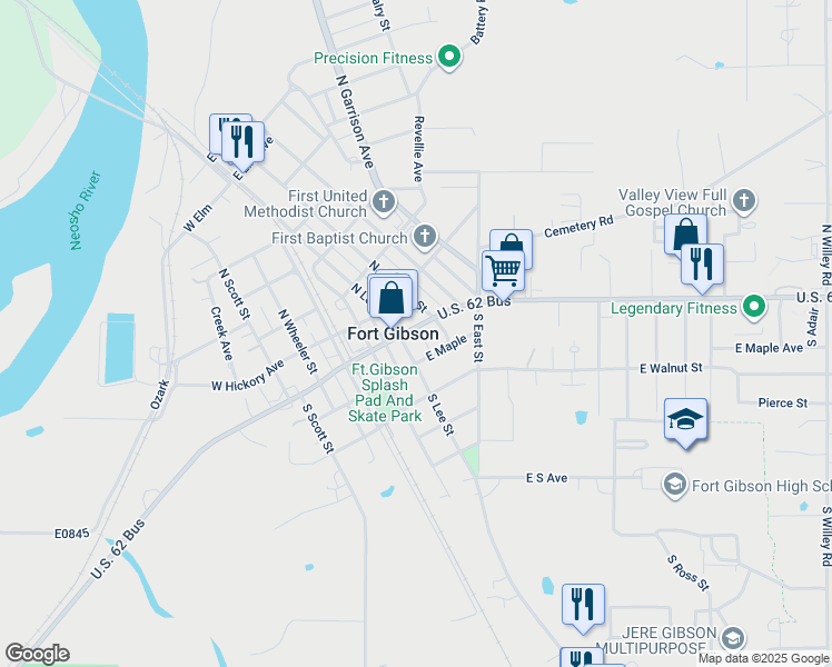 map of restaurants, bars, coffee shops, grocery stores, and more near in Fort Gibson