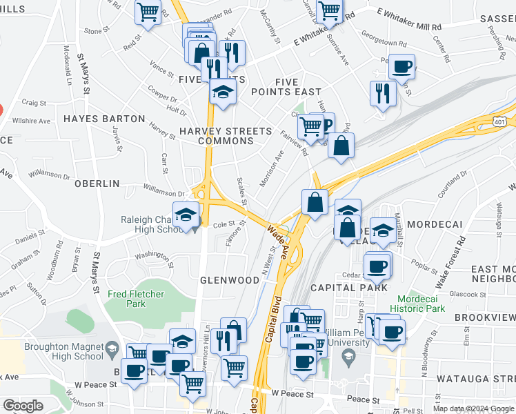 map of restaurants, bars, coffee shops, grocery stores, and more near 1440 Barton Place Drive in Raleigh