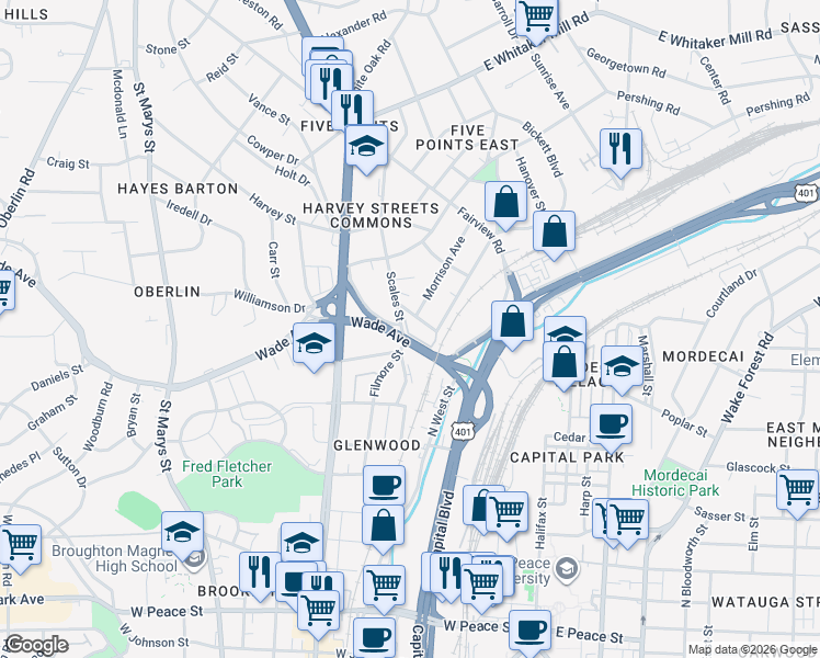 map of restaurants, bars, coffee shops, grocery stores, and more near 1440 Barton Place Drive in Raleigh