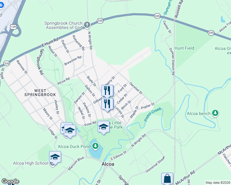 map of restaurants, bars, coffee shops, grocery stores, and more near 843 Ford Street in Alcoa