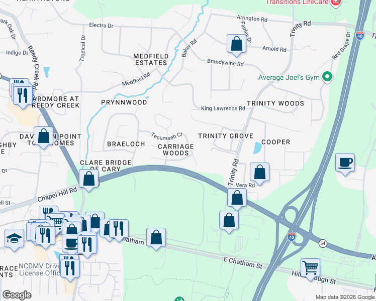 map of restaurants, bars, coffee shops, grocery stores, and more near 226 Tecumseh Court in Raleigh