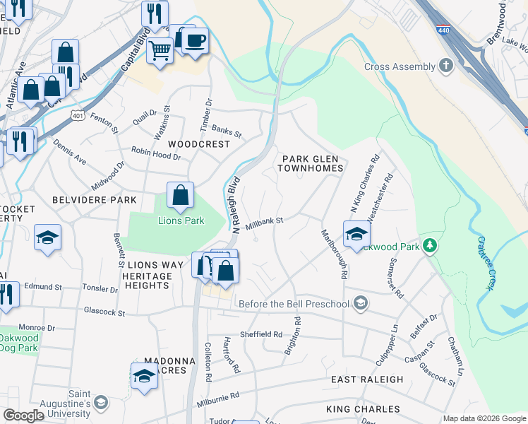 map of restaurants, bars, coffee shops, grocery stores, and more near 1206 Downing Road in Raleigh