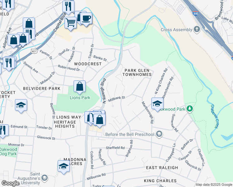 map of restaurants, bars, coffee shops, grocery stores, and more near 1206 Downing Road in Raleigh