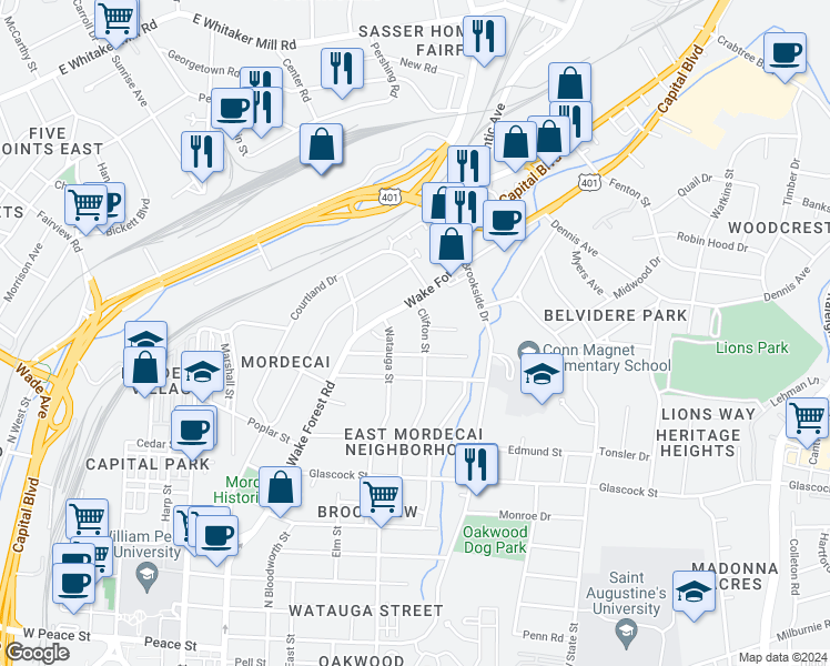 map of restaurants, bars, coffee shops, grocery stores, and more near 1417 Clifton Street in Raleigh