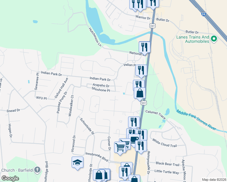 map of restaurants, bars, coffee shops, grocery stores, and more near 301 Shoshone Place in Murfreesboro