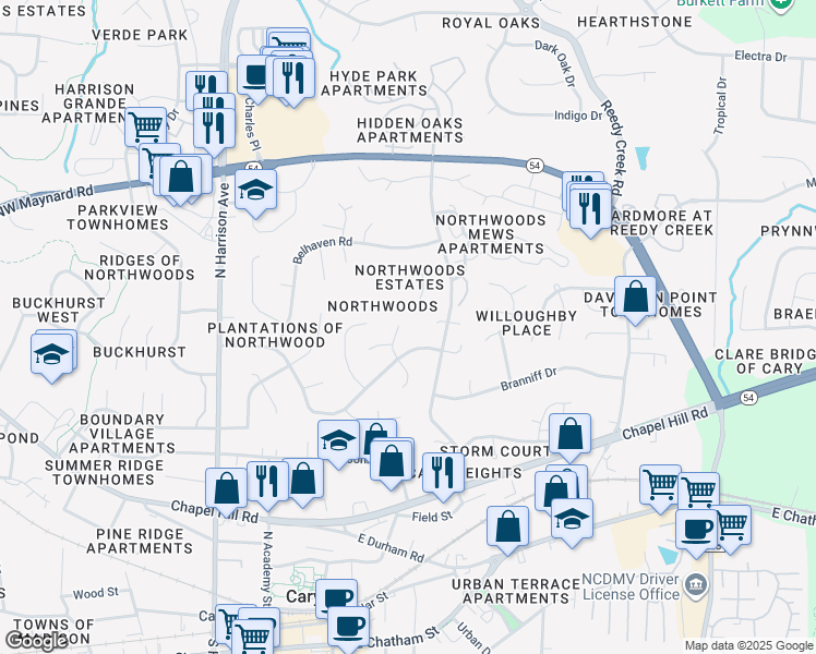 map of restaurants, bars, coffee shops, grocery stores, and more near 110 King James Court in Cary