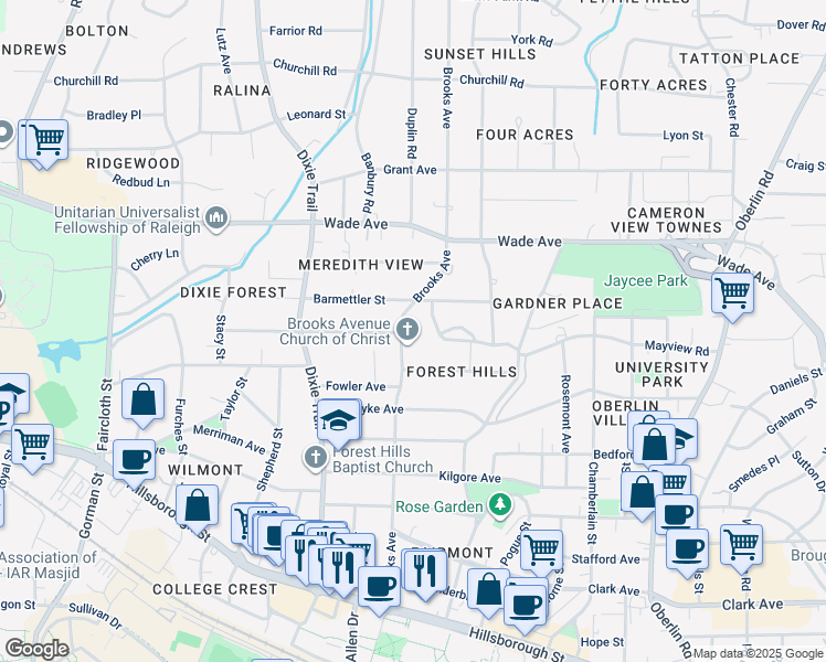 map of restaurants, bars, coffee shops, grocery stores, and more near 718 Brooks Avenue in Raleigh