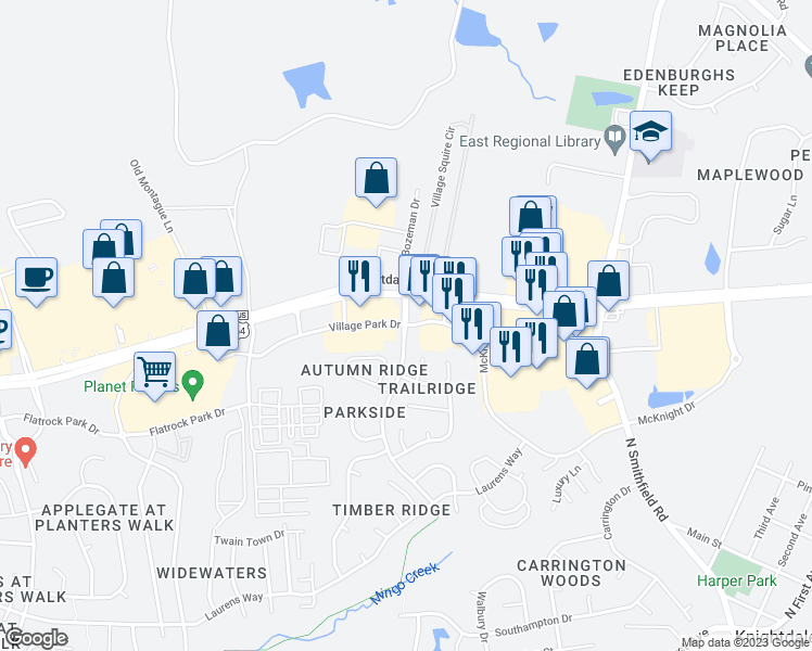 map of restaurants, bars, coffee shops, grocery stores, and more near Village Park Dr in Knightdale