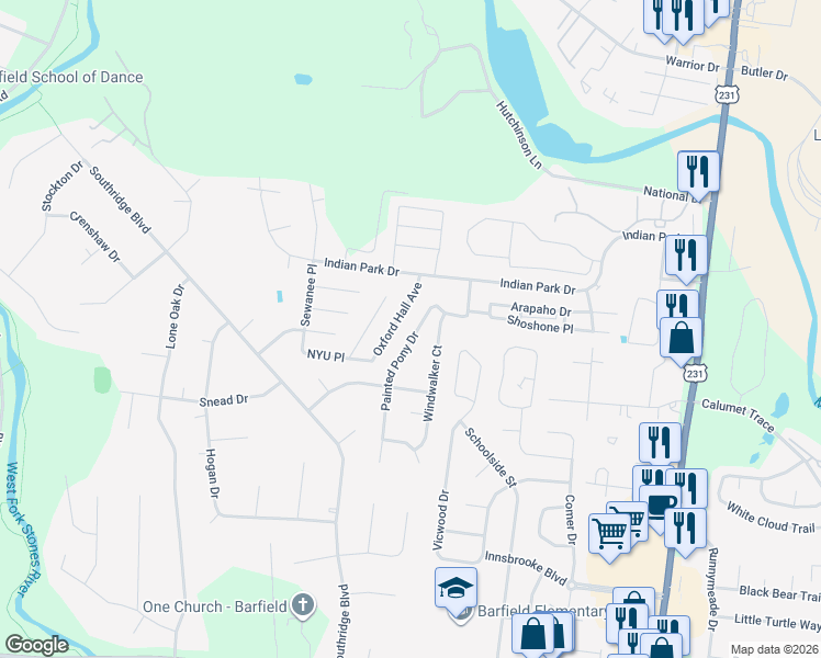 map of restaurants, bars, coffee shops, grocery stores, and more near 2726 Painted Pony Drive in Murfreesboro