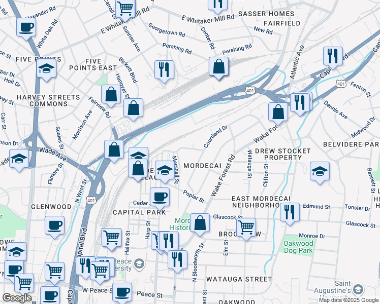 map of restaurants, bars, coffee shops, grocery stores, and more near 308 Mulberry Street in Raleigh