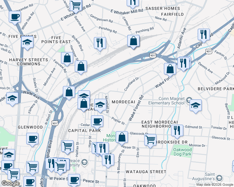 map of restaurants, bars, coffee shops, grocery stores, and more near 310 Mulberry Street in Raleigh